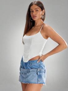 Denimoi Áo corset cổ tròn viền cao thấp - trắng - Xem 4