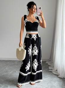 Elenzga Women's Elegant & Fashionable Commute Casual Charming Retro Holiday Party Music Festival Romantic Vacation Sleeveless Camisole And Wide Leg Pants Printed 2 Pieces Set (Random Print)