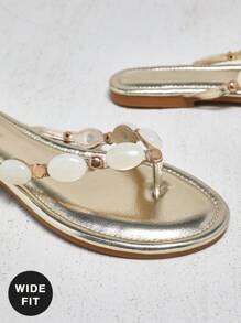 SHUZIA 宽版女士时尚休闲舒适 Thone 平底凉鞋，带彩色宝石装饰 - 朋克时尚、前卫 &