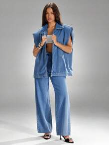 Denimoi Padded Shoulder Sleeveless Zip Front Denim Vest - Light Wash - View 2