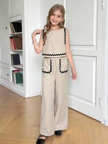 SHEIN 青少年女孩优雅撞色丝带装饰圆领无袖上衣和阔腿裤两件套 - 卡其色 - 查看 5