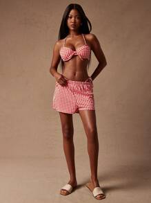 NYA SZN Women's Red And White Polka Dot Three Pieces Gingham Push Up String Bikini Short Cheeky Set,Summer Casual Pool Party Vacation Holiday Swimwear - Red - View 3