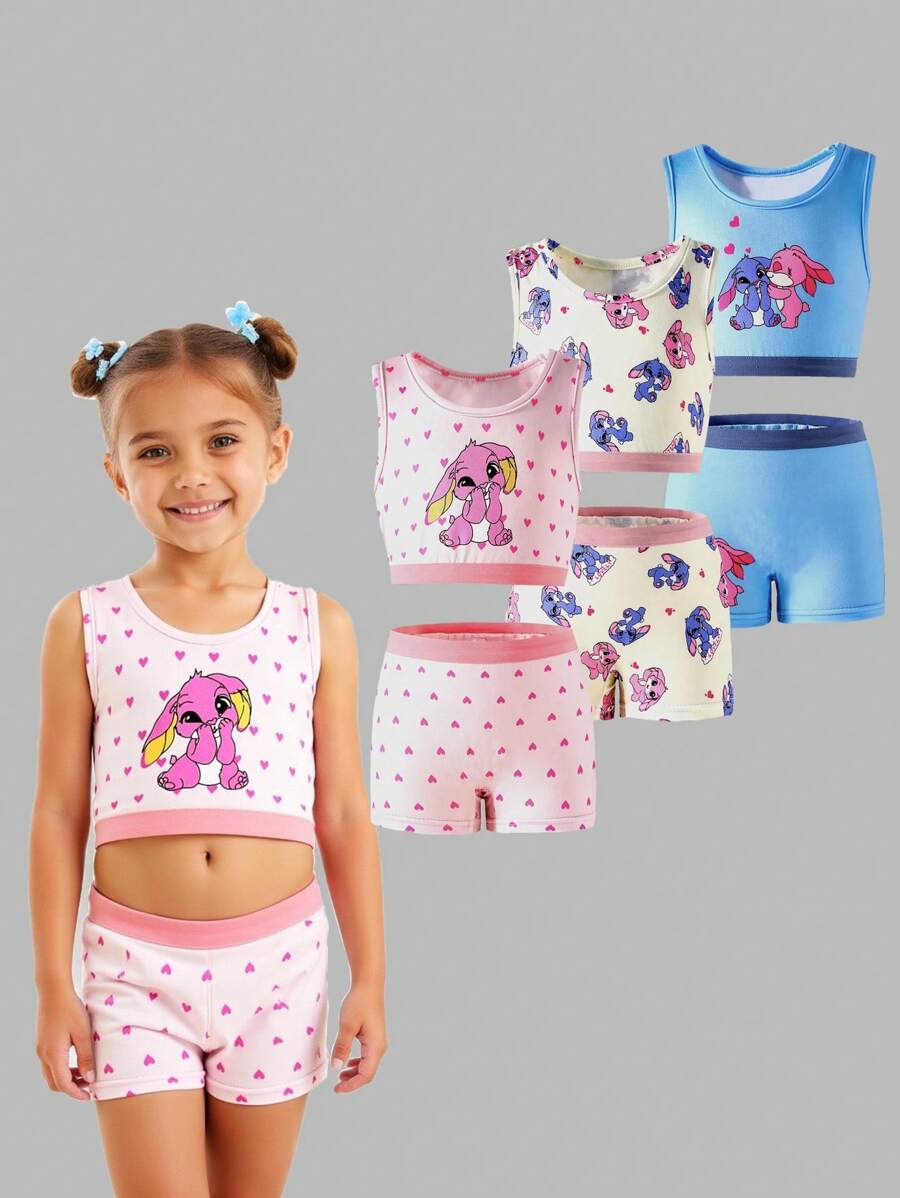 6pcs Young Girl Cute Rabbit & Heart Graphic Underwear Set Includes Camisole And Briefs, Soft Fabric Back To School Fashion