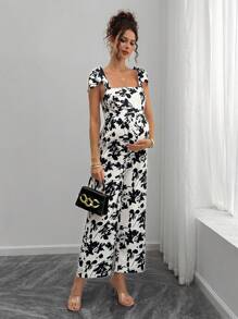 Momance Women's Floral Print Strapless Jumpsuit, Fashion Summer Maternity Vacation Wear - Apricot - View 1