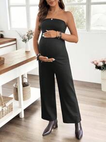 SHEIN Fashionable Sleeveless Off Shoulder Pocket Wide-Leg Jumpsuit For Pregnant Women