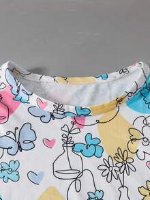 SHEIN Conjunto de camiseta de manga corta con estampado integral y pantalones informales de verano para niña preadolescente - Multicolor - Ver 4