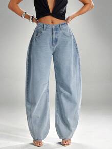 Denimoi 女式休闲宽松筒形牛仔裤，带口袋，百搭 - 淺色水洗藍 - 查看 4