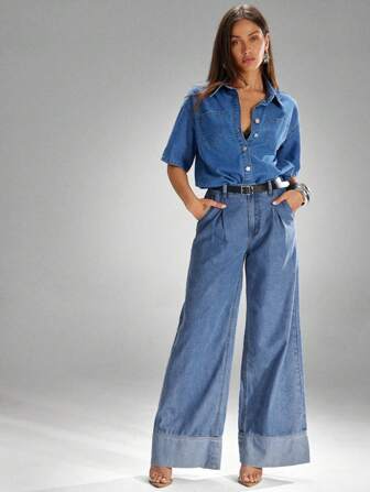 Denimoi 高腰阔腿褶皱蓝色休闲宽松时尚牛仔裤