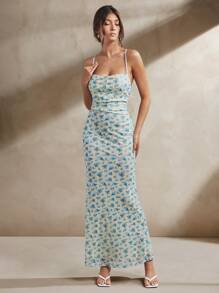 L'Amorae Women Ditsy Mesh Print Maxi Dress With Lace Up Back Detail Summer Vacation Simple Casual