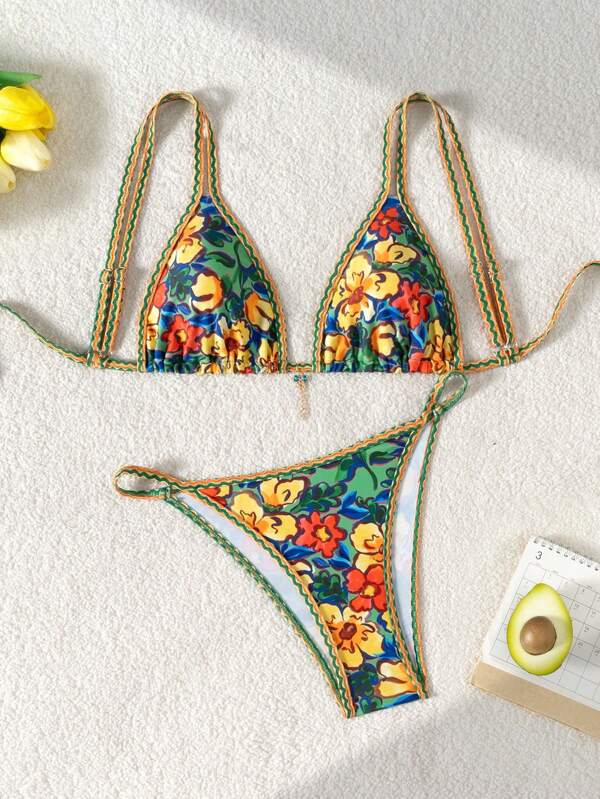 Swim Mod Digital Printed Crystal Butterfly Pendant Decor Simple Triangle Top & Bottoms 2 Pieces Summer Swimsuit Set, Sexy Beach Resort Pool Party Women Swimwear