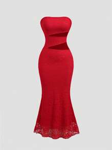 Sweetra New European & American Summer Red Lace Simple Tube Top Sexy Body-Fitted Exposed Waist Sleeveless Elegant Lady Dress
