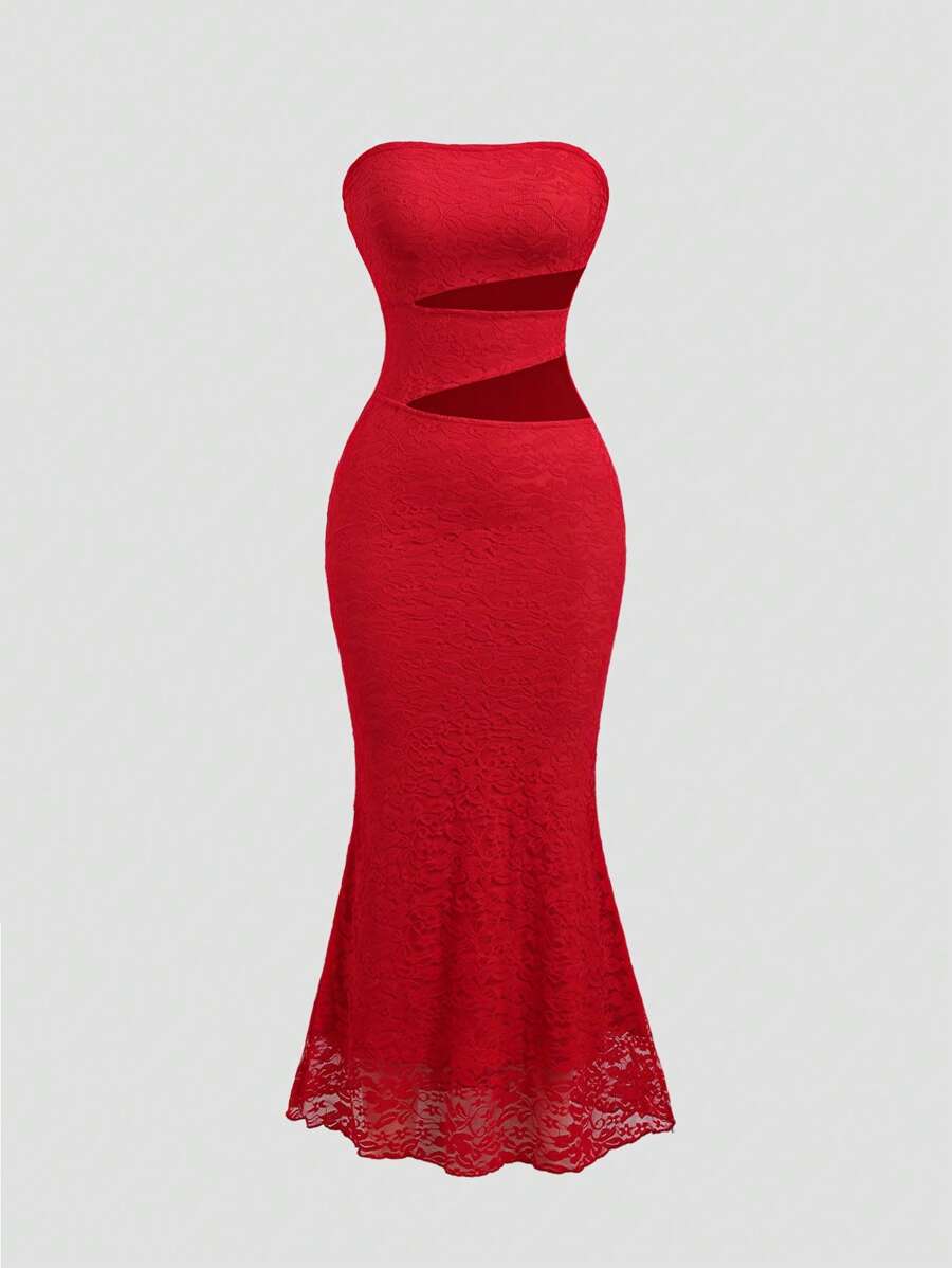 Sweetra New European & American Summer Red Lace Simple Tube Top Sexy Body-Fitted Exposed Waist Sleeveless Elegant Lady Dress