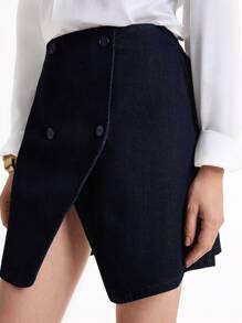 Daynim Women Casual Asymmetric Black Denim Skirt - Medium Wash - View 6