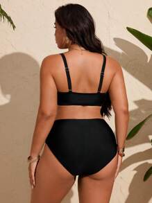 SHEIN Swim Curve 女士黑色露背泳衣套装，含三角形上衣和高腰短裤，适合夏季海滩 - 黑色 - 查看 2