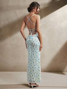 L'Amorae Women Ditsy Mesh Print Maxi Dress With Lace Up Back Detail Summer Vacation Simple Casual