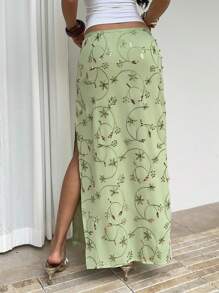 Sunnyshic 女士休闲夏日度假刺绣亮片印花开衩下摆低腰半身裙 - 綠色 - 查看 2