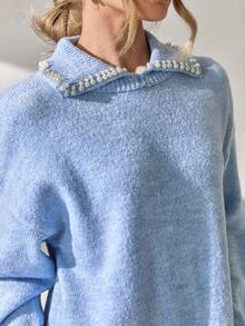 EURMUSE Woman Soft Winter Sweater Dress With Pearls Detailed - Baby Blue - View 3