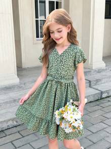 SHEIN Tween Girls' Casual Green Ditsy Floral V-Neck Ruffle Sleeve A-Line Short Sleeve Dress With Belt - Green - View 3
