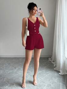 Chiquease Conjunto de 2 piezas para mujer compuesto por blusa top con abertura y botones delanteros en color liso estilo minimalista y casual + pantalones cortos