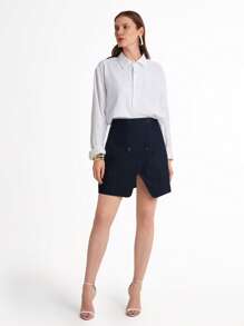 Daynim Women Casual Asymmetric Black Denim Skirt - Medium Wash - View 4