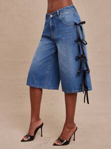 NYA SZN Weite Jeans-Shorts, Jorts, Baggy, Oversized, Denimhose ohne Stretch, Hose mit Schleife, Arbeitskleidung, Lässig, Klassisch, Dezent, Alltag, Ausgehen, Urlaub, Sommer für Frauen