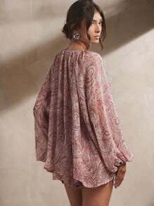 L'Amorae Women's Paisley Printed Chiffon Raglan Sleeve Peasant Blouse, Casual, Summer, Easy To Wear, Elegant