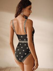 Elaire Women's Floral Print Waist Belt Design One-Piece Swimsuit, Perfect For Vacation For Summer - Black and White - View 2