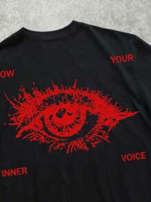 Manfinity ZONE917 Black Oversized Street-Style Red 'Blood Eye' Slogan Print Casual 100% Cotton T-Shirt, Wide Sleeve, Collar And Hem - Black - View 2