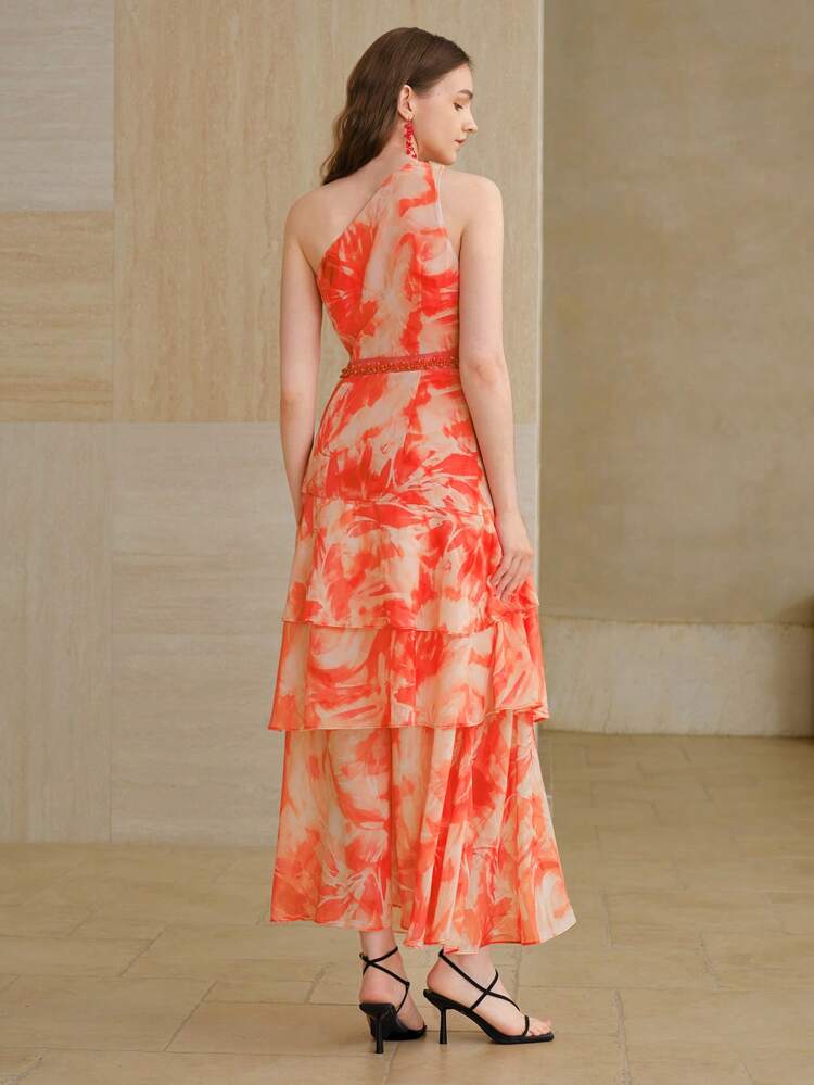 CHIFFON ALLOVER PRINT ONE SHOULDER LAYERED RUFFLE HEM LONG DRESS