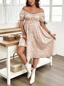 SHEIN Robe mi-longue décontractée avec manches courtes froncées et imprimé pour femmes enceintes - Multicolore - View 1