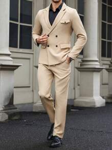 Calvornis Men 2pcs Solid Color Double Breasted Suit Set, Including Long Sleeve Blazer Jacket And Pocket Trousers - Khaki - View 3