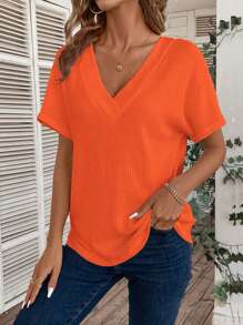 SHEIN LUNE 休闲纯色V领蝙蝠袖T恤，夏季 - 橘色 - 查看 5