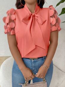 Elenzga Plus Size Women Elegant Casual Sleeve Contrast Mesh Blouse - Orange - View 4