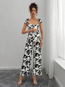 Momance Women's Floral Print Strapless Jumpsuit, Fashion Summer Maternity Vacation Wear - Apricot - View 4