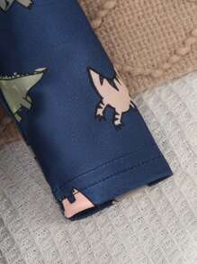 SHEIN Newborn Baby Beige Minimalist All-Over Cute Dinosaur Print Long Sleeve Footie Pajamas With Hat & Gloves Set, Homewear Fall Winter