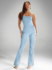 Denimoi 心形镂空露肩喇叭牛仔连体裤