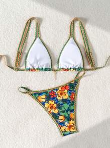 Swim Mod Set di costume da bagno estivo da 2 pezzi, con parte superiore a triangolo e inferiore, decorato con cristalli e stampa digitale a farfalla, costumi da bagno sexy per donne per spiaggia, resort e feste in piscina