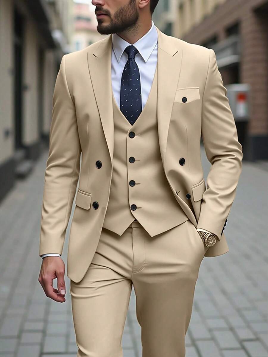 Calvornis Men 2pcs Solid Color Double Breasted Suit Set, Including Long Sleeve Blazer Jacket And Pocket Trousers - Khaki - View 1