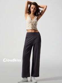 TrendSteals Cloudkiss Women Casual Solid Knit Bodycon Flare Pants - Dark Grey - View 2