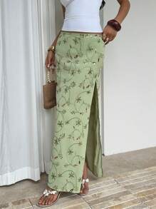 Sunnyshic 女士休闲夏日度假刺绣亮片印花开衩下摆低腰半身裙 - 綠色 - 查看 8