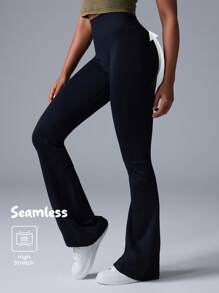 Fluxe Movishi Seamless & High Stretch Solid Color High Waisted Tight Fit Flared Knit Leggings - Black - View 2