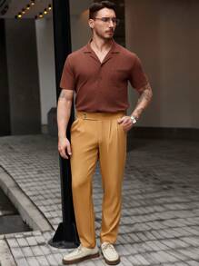 Manfinity Homme Pantalones casuales rectos con diseño de bolsillo plisado de unicolor para hombre - Caqui - Ver 5