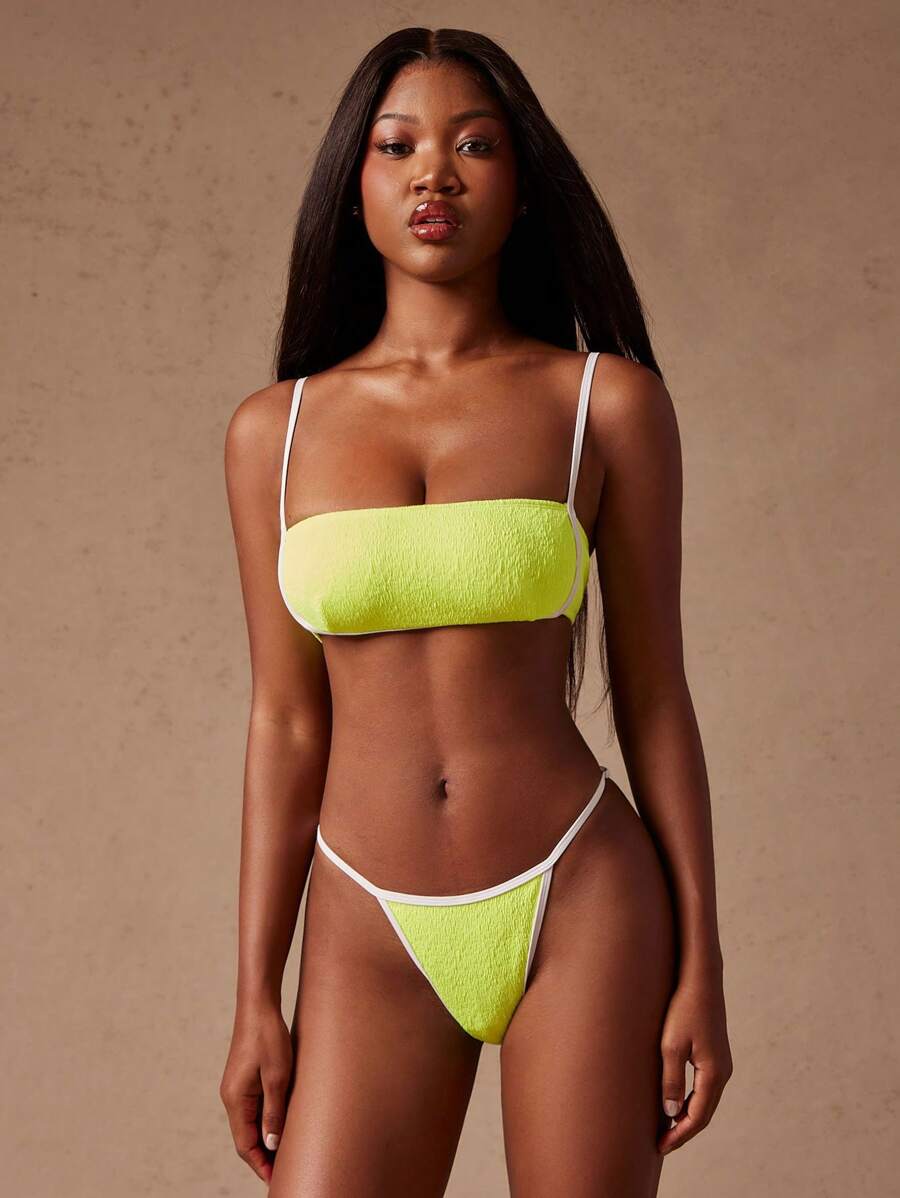 SHEIN Unity Top de bikini de mujer con corte de color block, traje de baño para vacaciones/playa - Verde - Ver 1