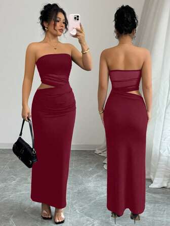 Rafferiza 黑色性感露肩网眼褶皱拼布镂空腰长裙，适合约会和派对