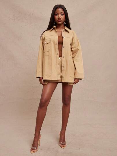 SHEIN Unity Top Casual Oversized Shacket Long Sleeve Summer Double Pocket Top Workwear Street Style Western Concert Music Festival Elegant Vacation Spring Break Brunch Denim Thanksgiving Christmas NYE New Years Eve Outfits For Women