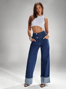 Denimoi High Rise Stacked Waist Cuffed Wide Leg Denim Jeans - Dark Wash - View 4