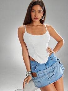 Denimoi Áo corset cổ tròn viền cao thấp - trắng - Xem 2