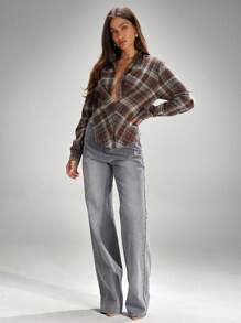 Denimoi Women's Twisted Front Low Neck Plaid Top - Baby Blue - View 4