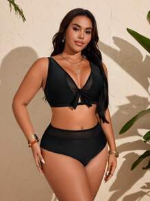 SHEIN Swim Curve 女士黑色露背泳衣套装，含三角形上衣和高腰短裤，适合夏季海滩 - 黑色 - 查看 5
