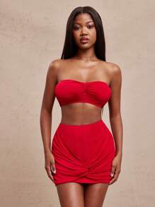 NYA SZN High Rise Solid Color Ruche Twist Knot Event Skirt Party Club Music Concert Festival Fall Summer Statement Festival Kings Day For Women - Red - View 4